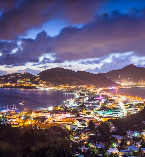 an aerial view of Philipsburg, St. Maarten at night